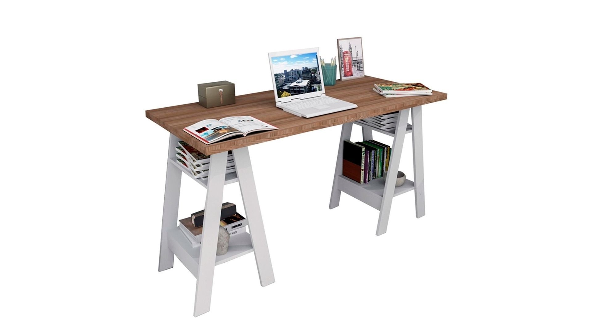 Mesa para computador Escrivaninha Self 4 Prateleiras Castanho/Branco em fundo branco