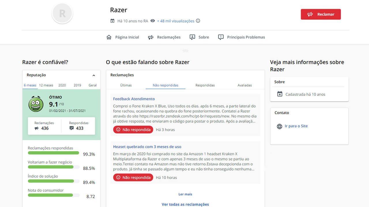 Captura de tela do site Reclame Aqui onde mostra a nota da Razer