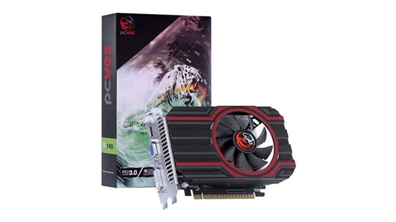 Placa de vídeo barata Nvidia GT 740 no fundo branco