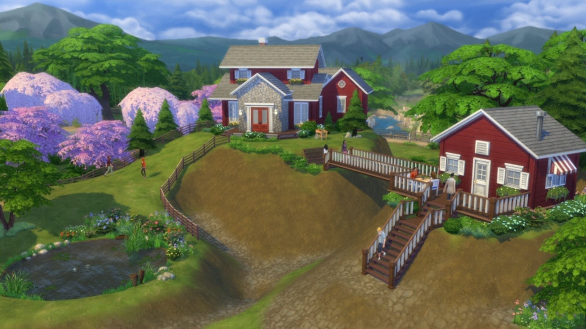 Cenário de The Sims 4 com duas casas em uma colina