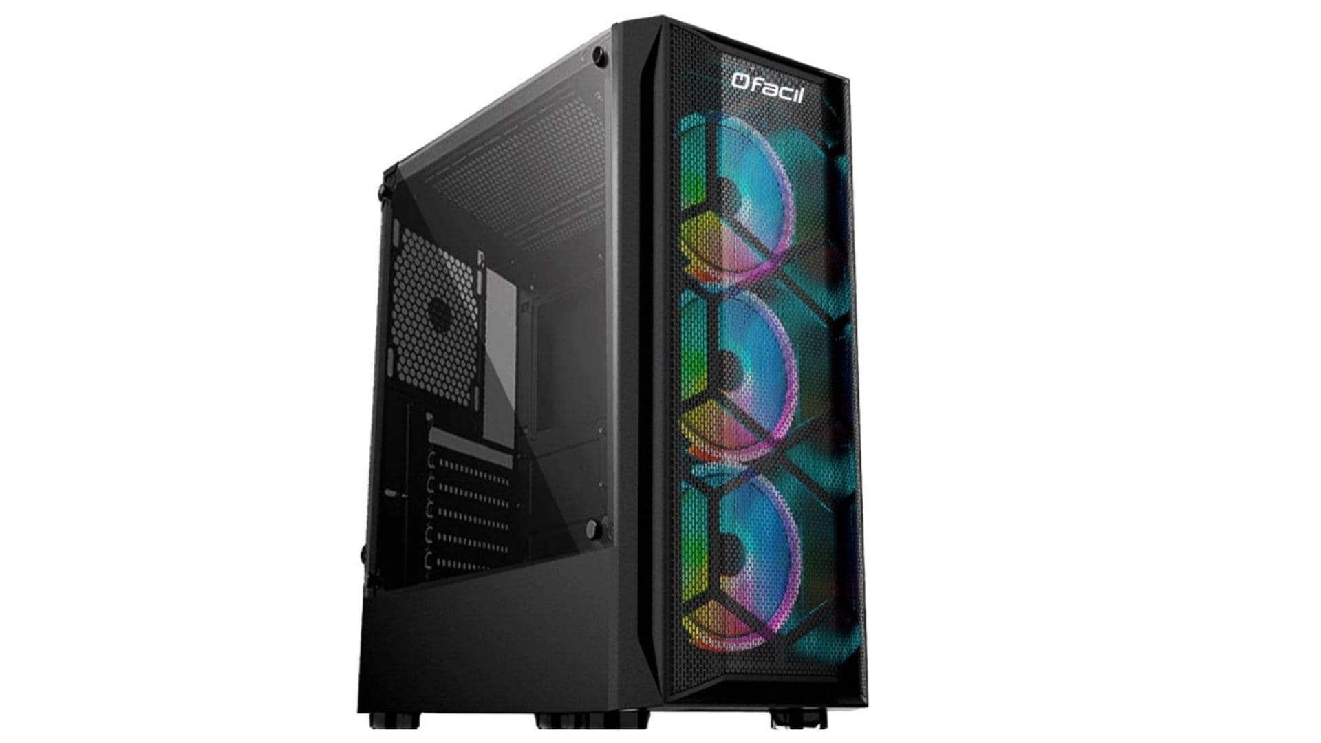 PC Gamer barato Fácil by Asus preto com RGB na parte frontal em fundo branco