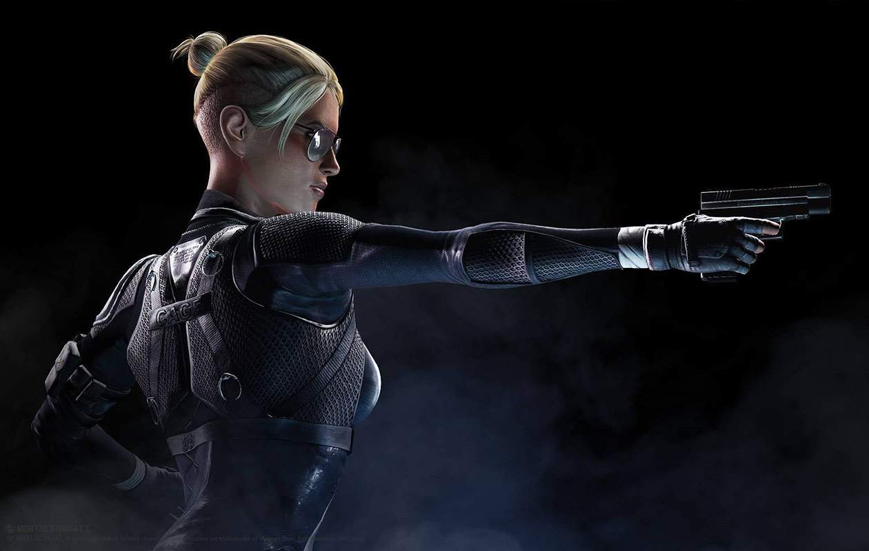 Ilustração mostrando a personagem Cassie Cage de lado apontando uma pistola