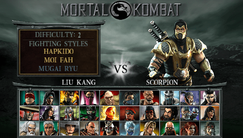 Tela de seleção de personagens Mortal Kombat Deception