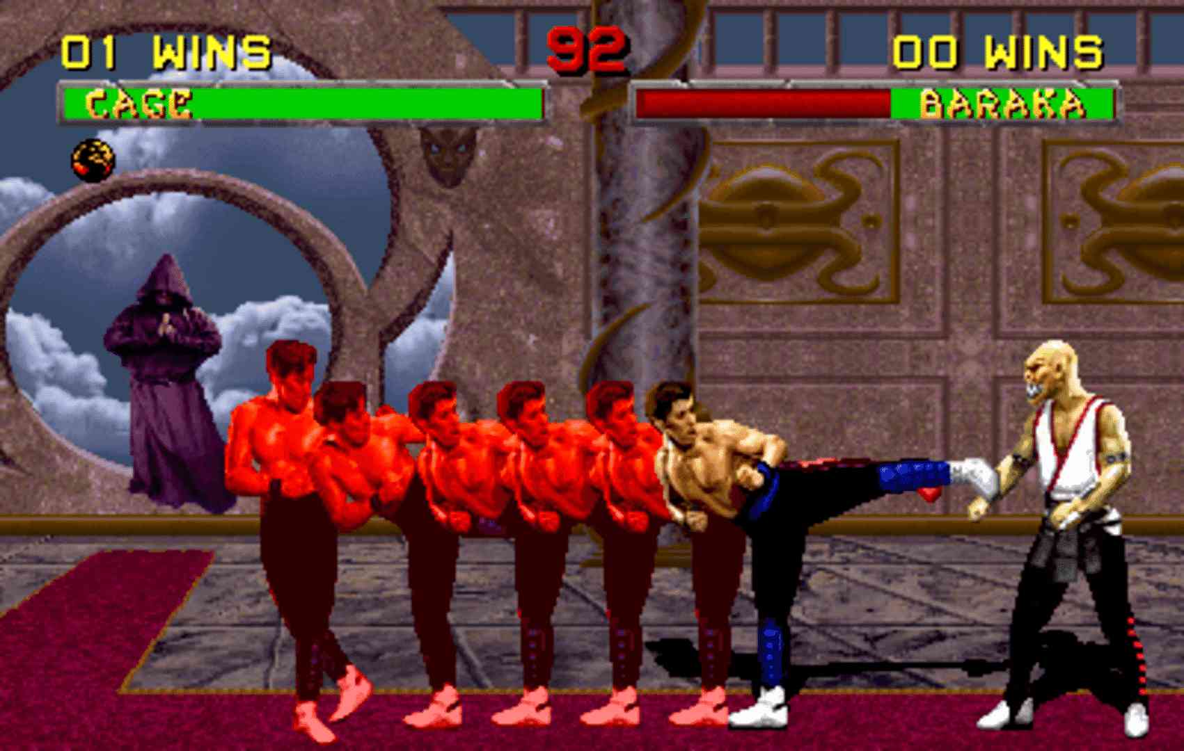 Captura de tela do jogo Mortal Kombat 2 mostrando uma luta entre Johnny Cage e Baraka