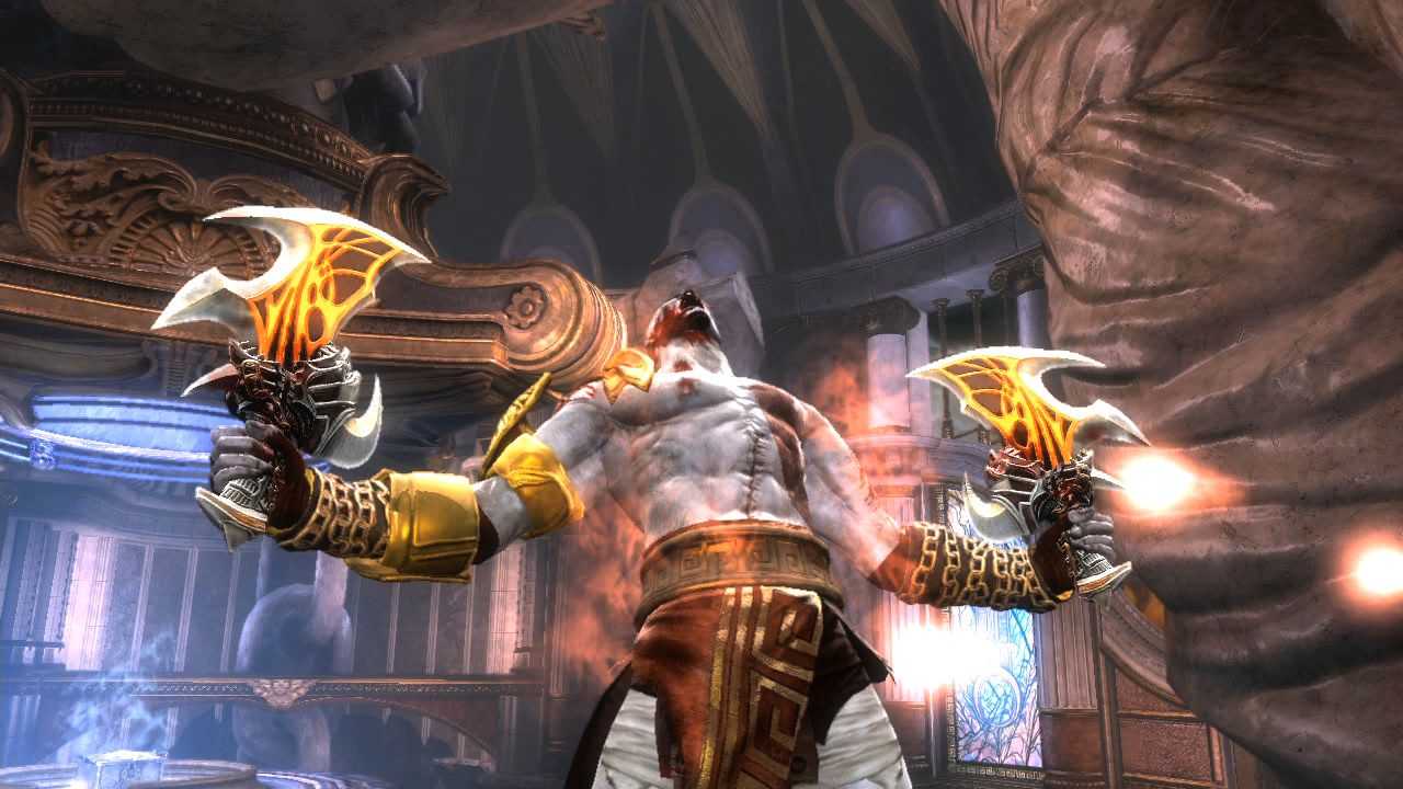 Captura de tela de Mortal Kombat (2011) mostrando Kratos gritando para o alto com armas empunhadas