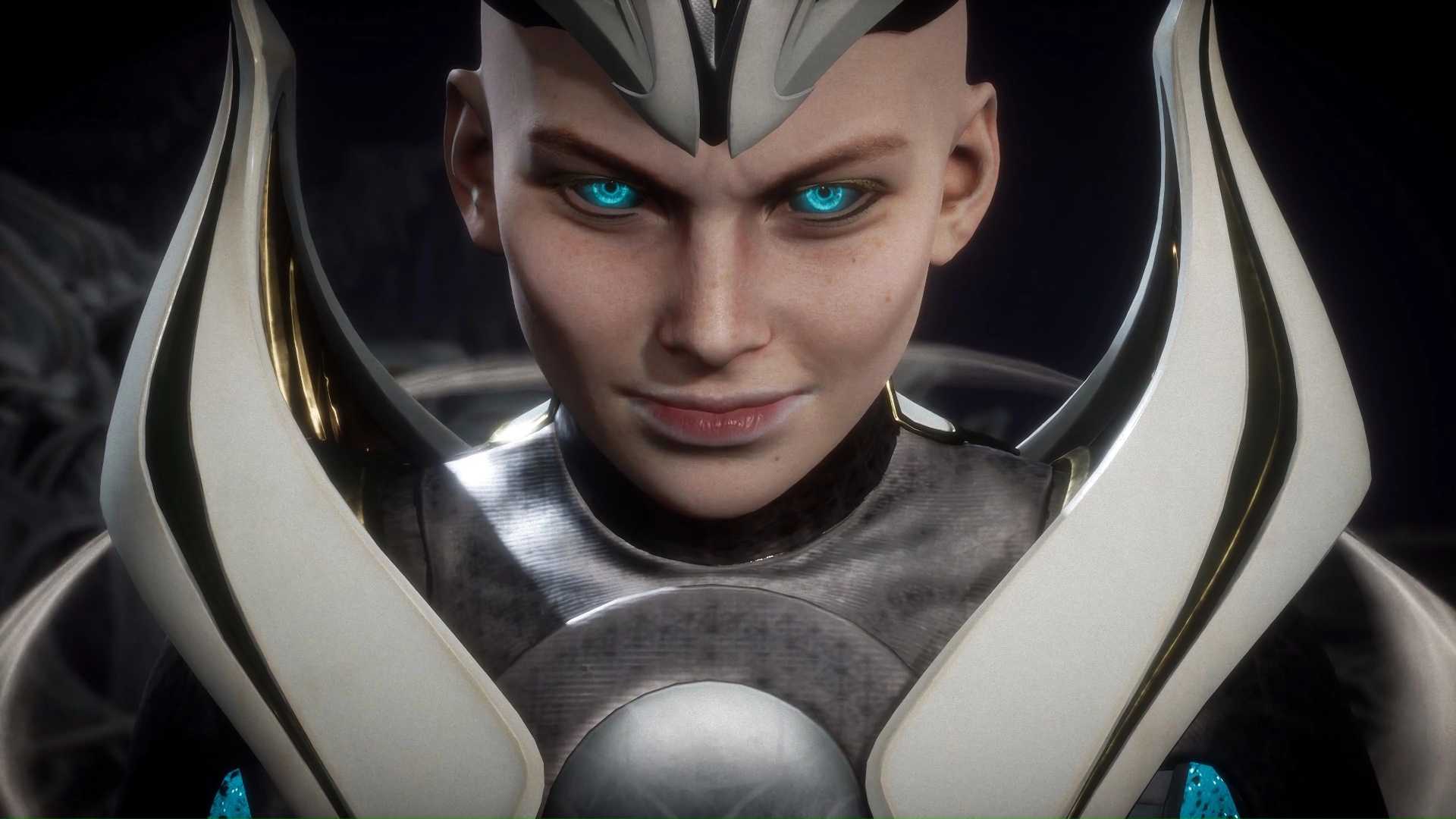 Ilustração de Mortal Kombat 11 mostrando a vilã Kronika com uma expressão maléfica
