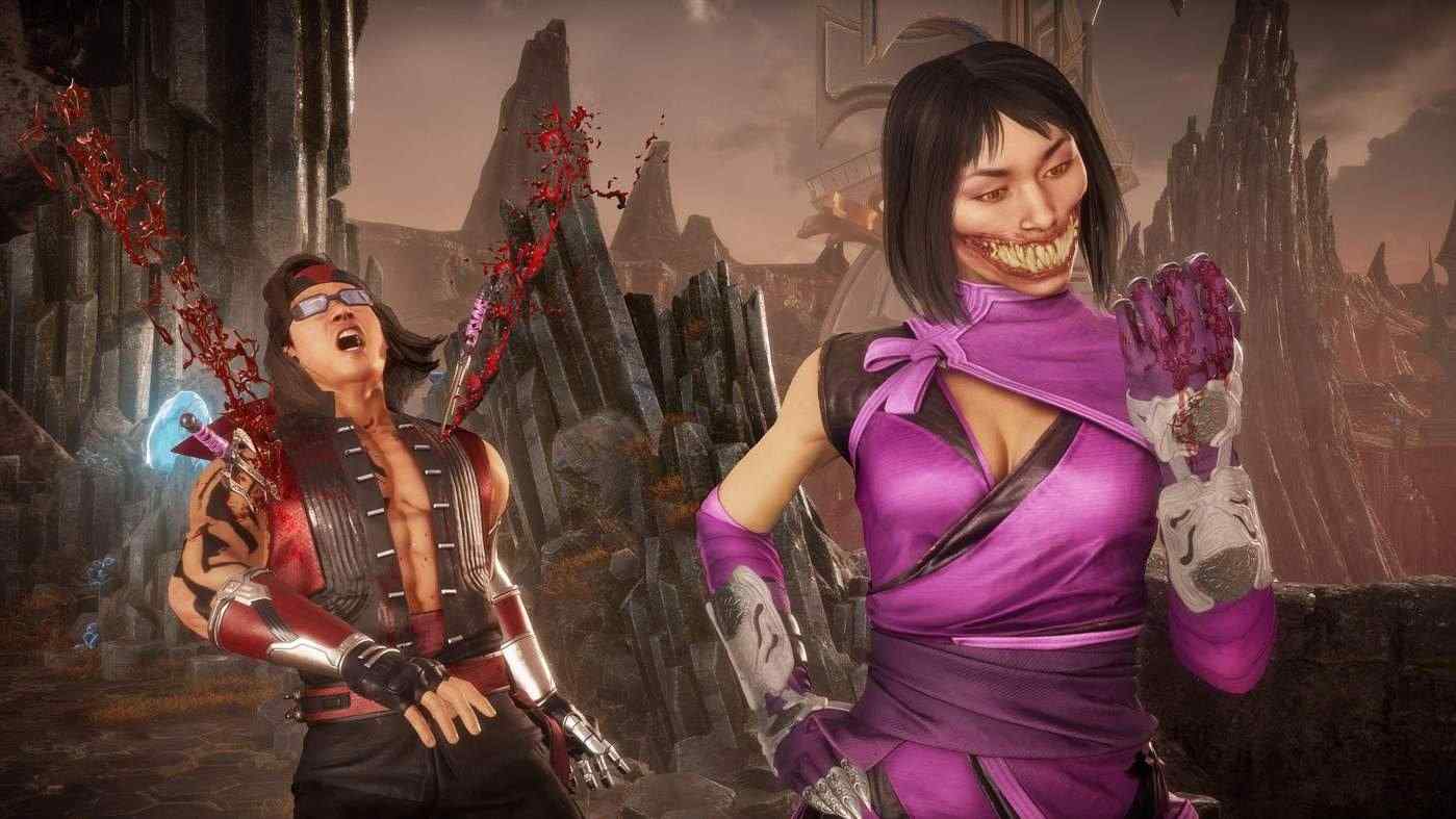Captura de tela do jogo Mortal Kombat 11 mostrando Mileena executando um Fatality em Liu Kang