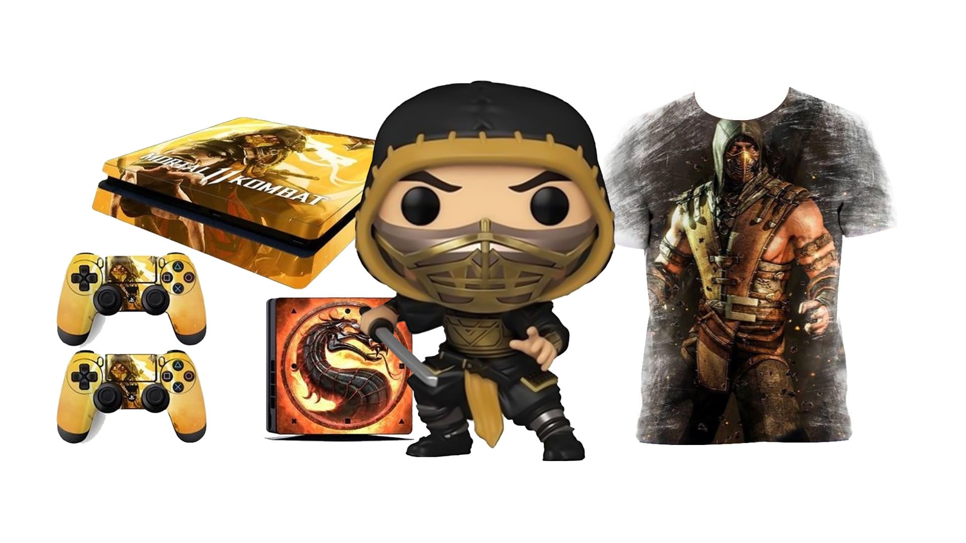 Montagem com diversos produtos sobre o ninja amarelo de Mortal Kombat, Scorpion