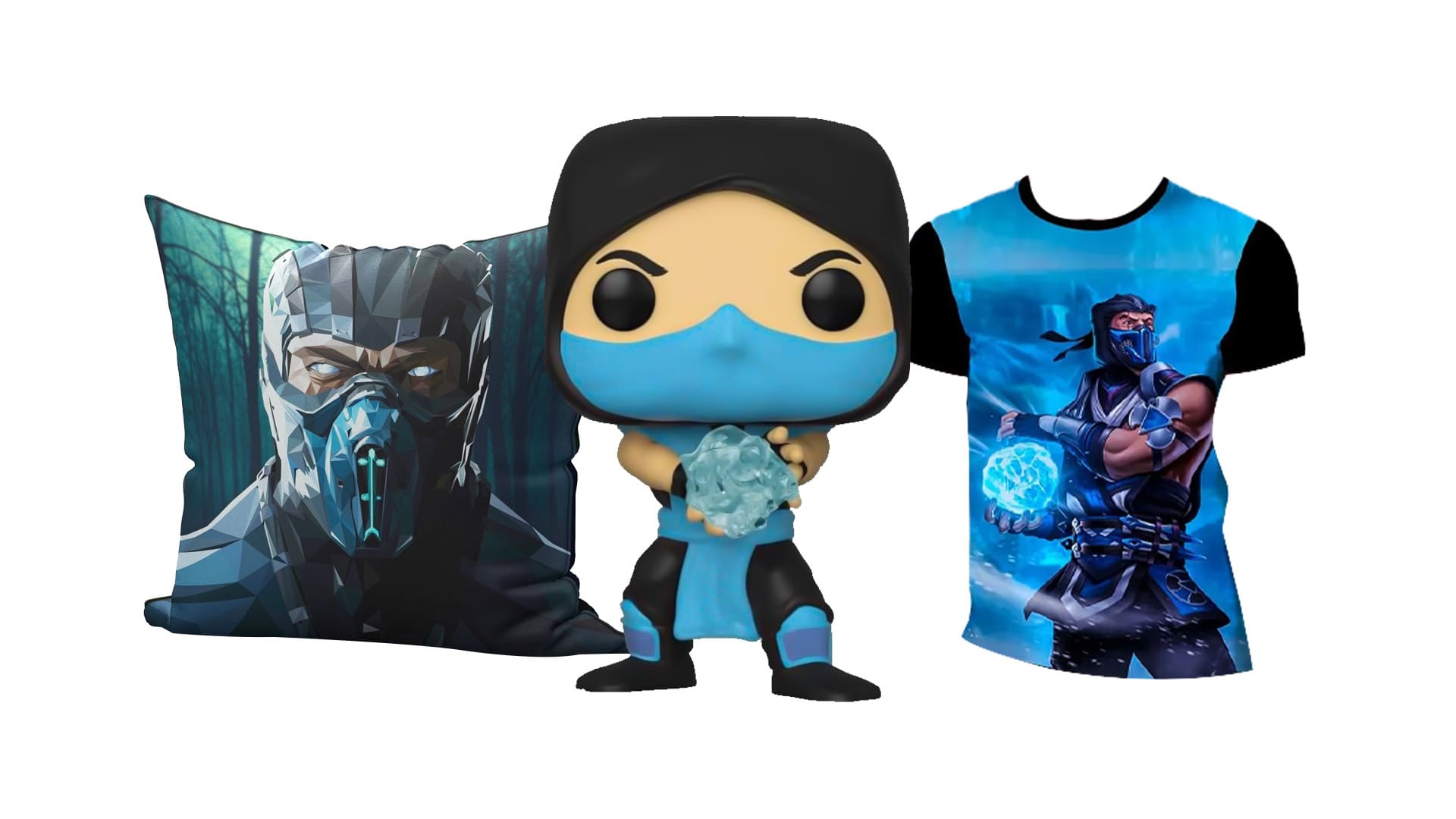 Montagem com diversos produtos do Sub-Zero de Mortal Kombat