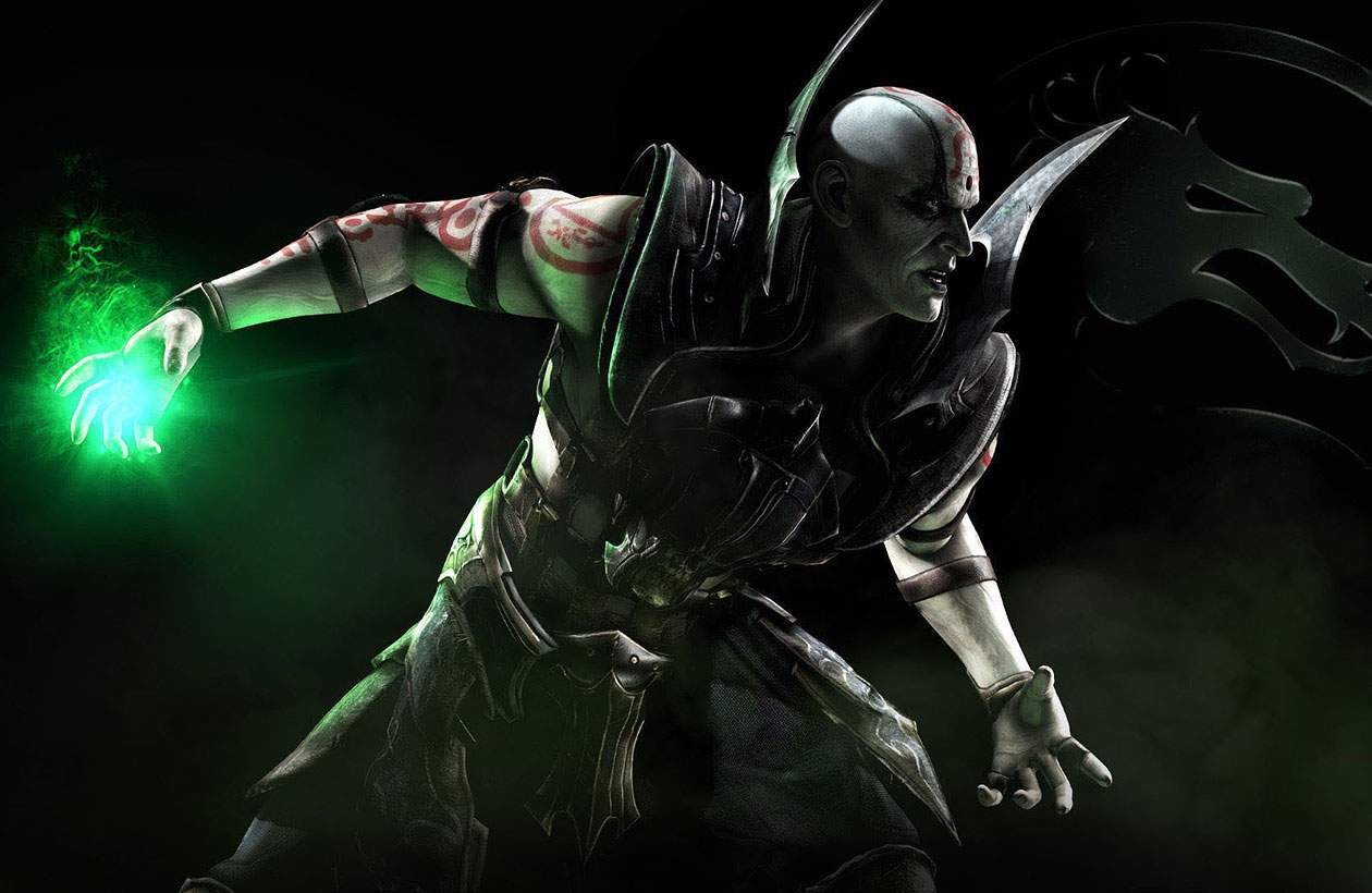 Ilustração do personagem Quan Chi em Mortal Kombat X em pose de combate iniciando uma magia