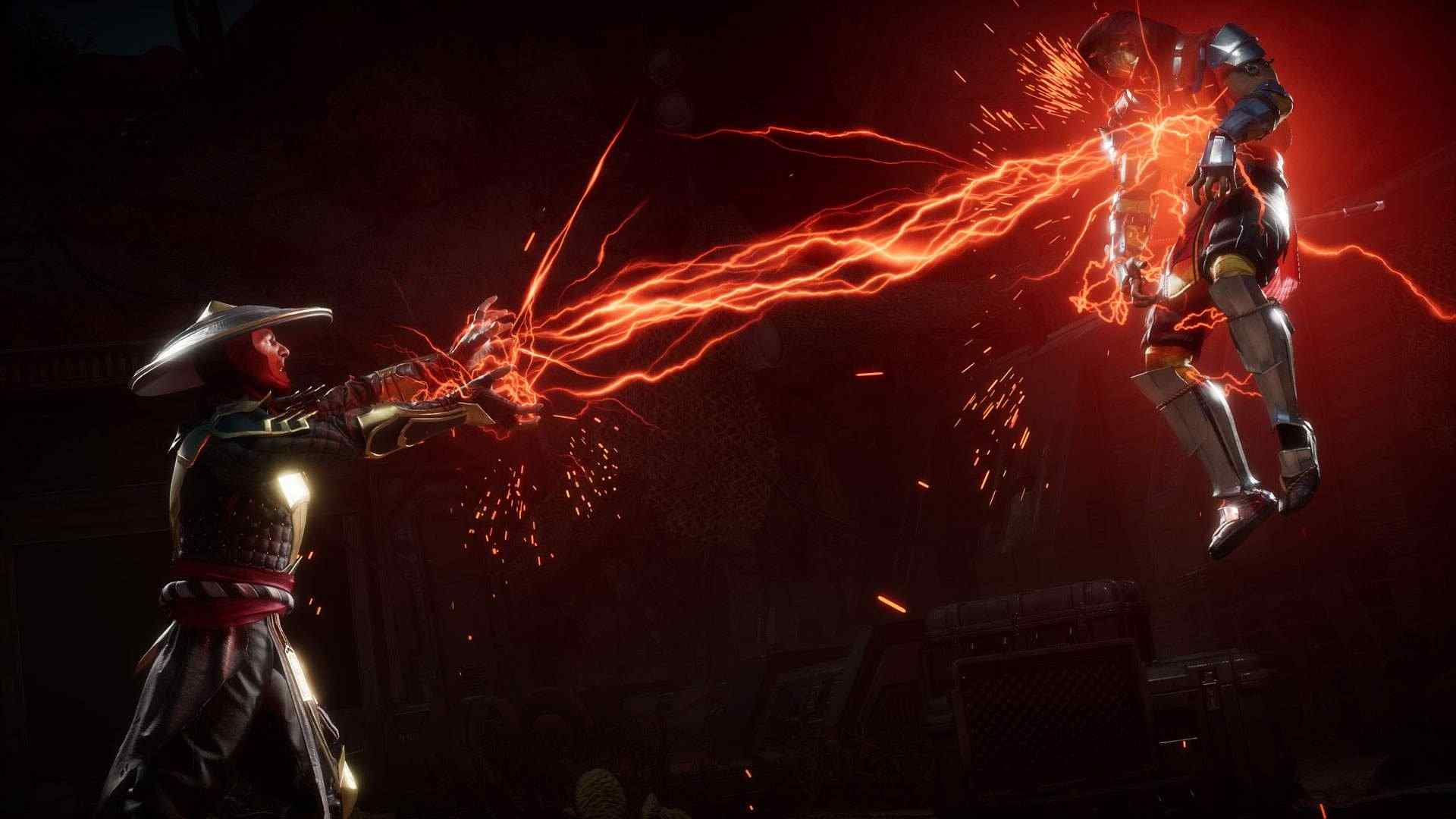 Captura de tela do jogo Mortal Kombat 11 mostrando o personagem Raiden soltando raios vermelhos em Scorpion