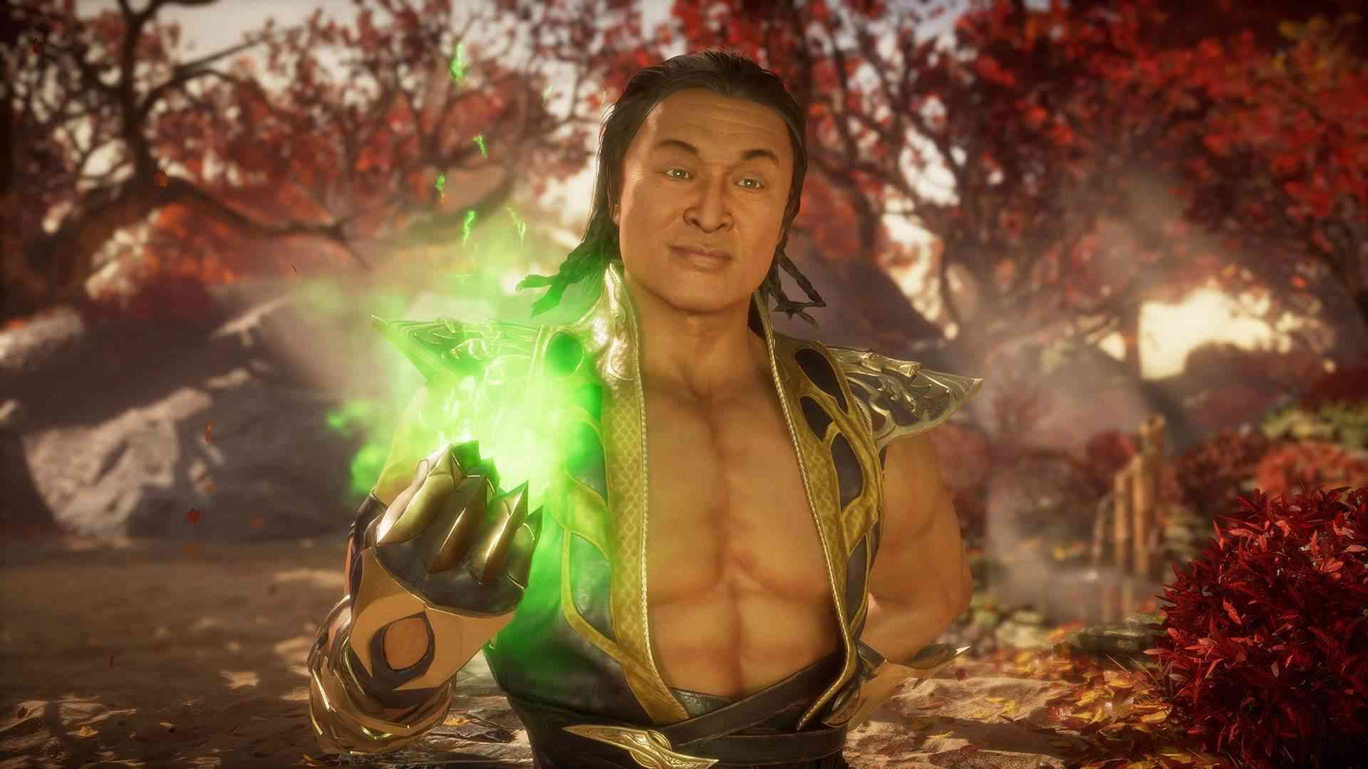 Captura de tela do jogo Mortal Kombat 11 mostrando o personagem Shang Tsung em um campo com árvores de folhas vermelhas