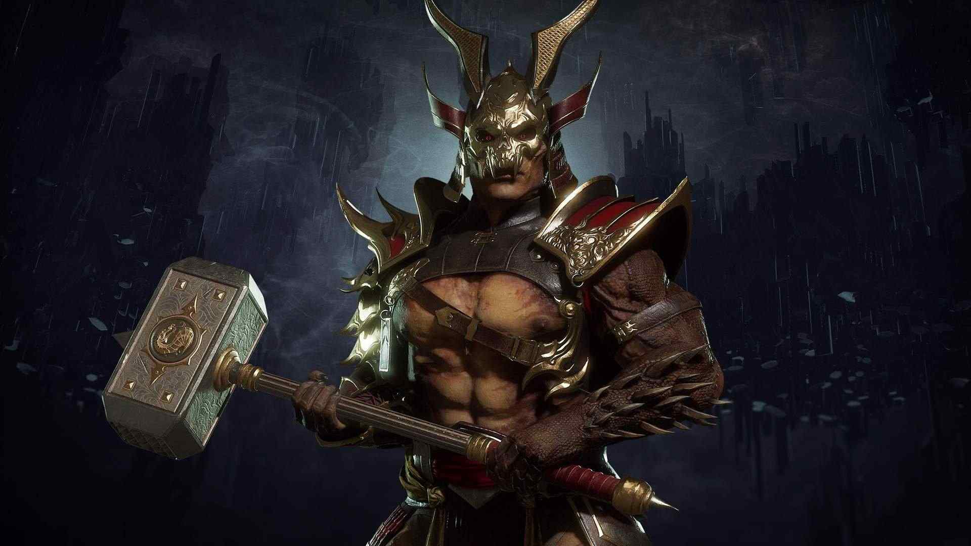 Ilustração do jogo Mortal Kombat 11 com fundo enegrecido e Shao Kahn no centro