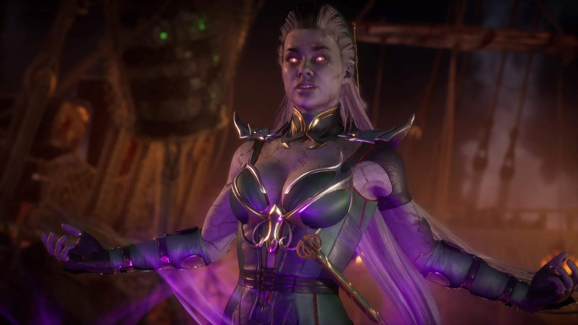Ilustração de Mortal Kombat 11 mostrando a personagem Sindel como uma morta-viva