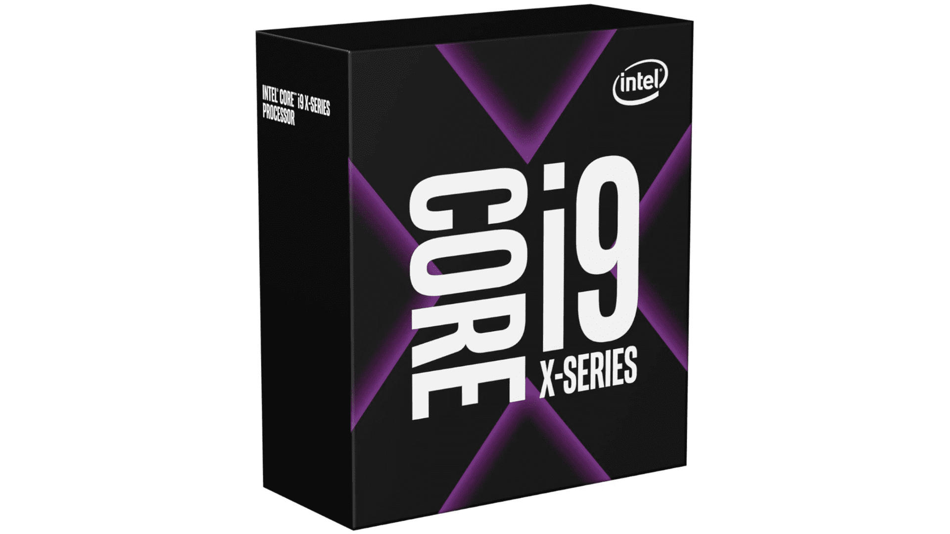 Caixa do processador i9 Série X preta com detalhes em roxo