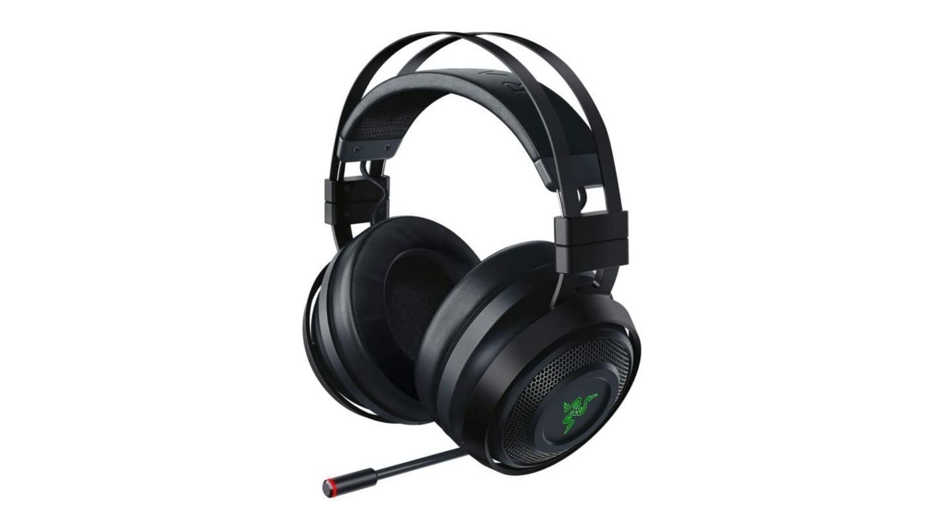 Headset Razer Nari Ultimate preto com detalhes verdes em fundo branco