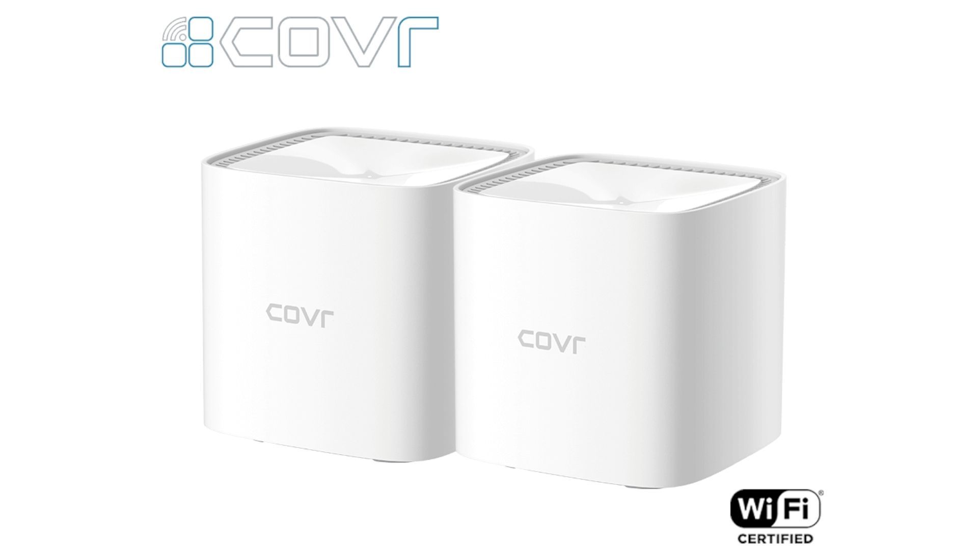Dois modelos do roteador mesh D-Link COVR 1102 brancos em fundo branco
