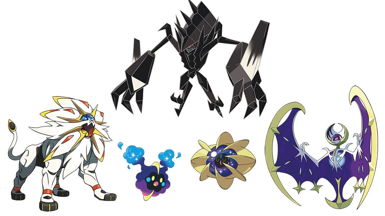 Solgaleo, Lunala, Necrozma, Cosmog e Cosmoem no fundo branco