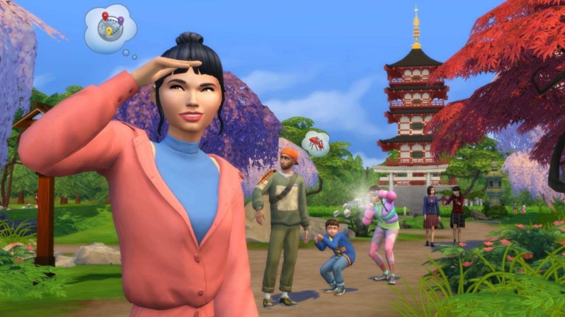 Personagem de The Sims busca algo com outro personagem ao fundo