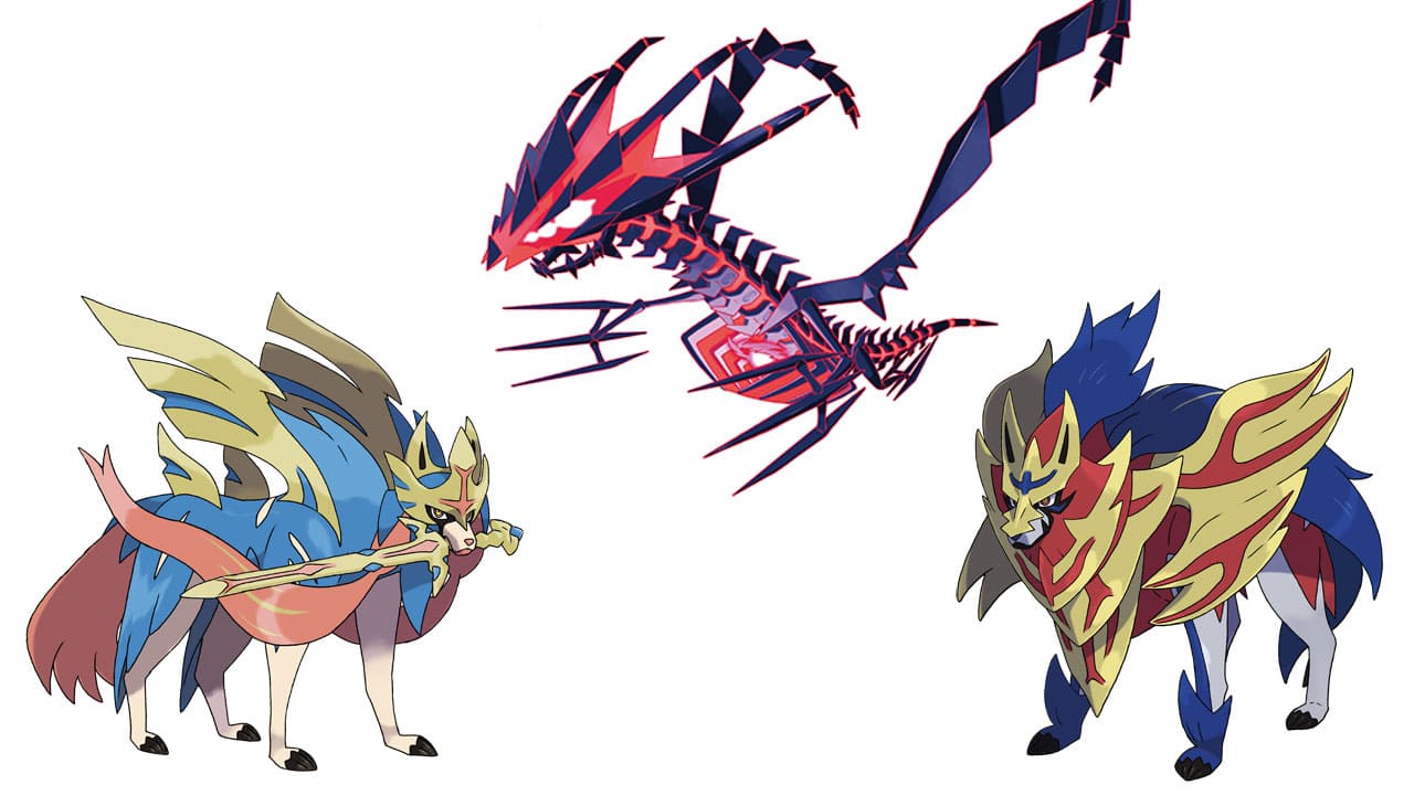 Zacian, Zamazenta e Eternatus no fundo branco