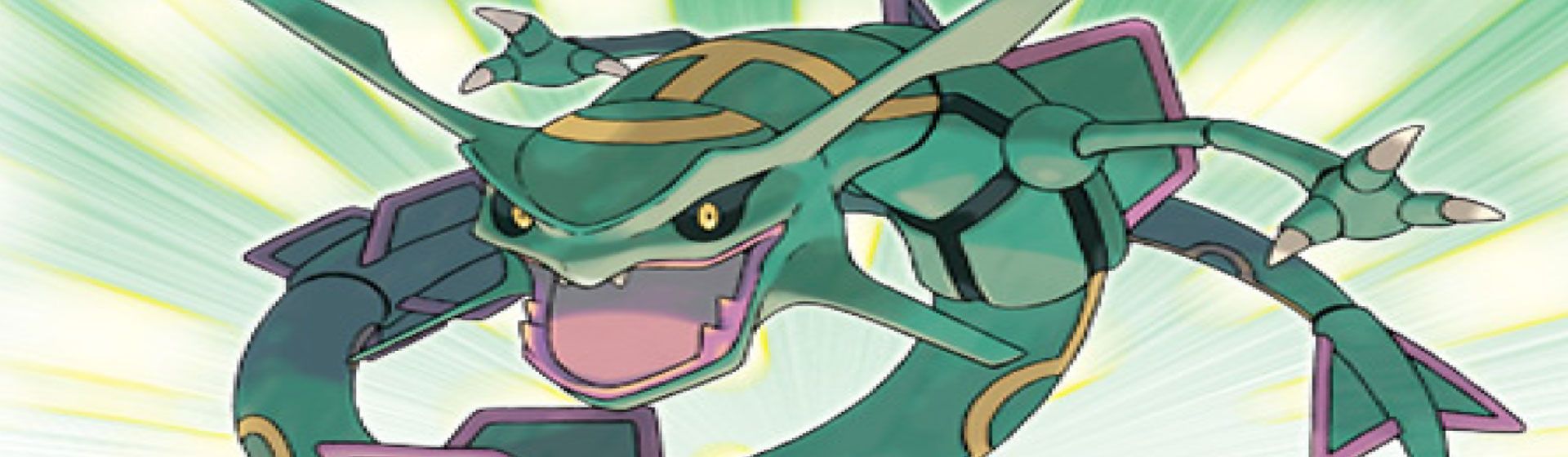 Pokémon lendário Rayquaza, uma grande criatura verde com características de serpente e dragão