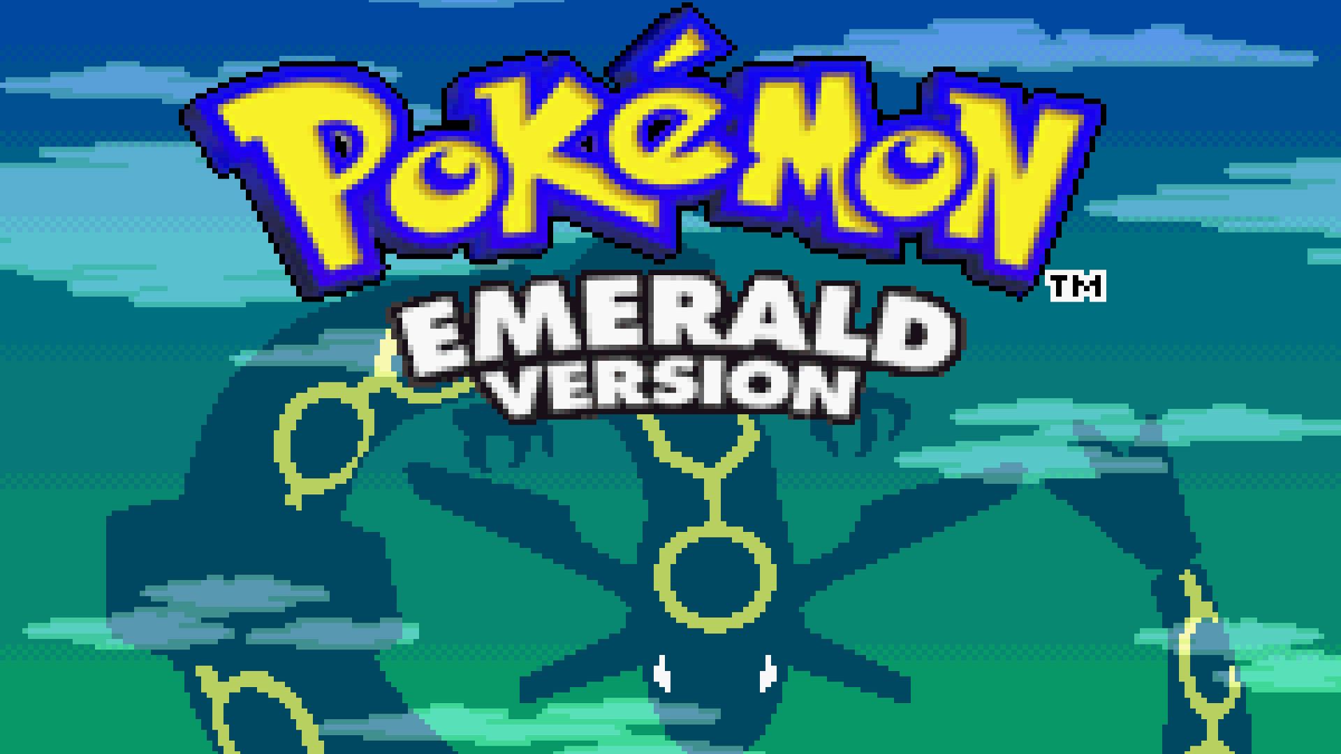 Tela título de Pokémon Emerald do Game Boy Advance com o nome do jogo e a sombra do pokémon lendário ao fundo