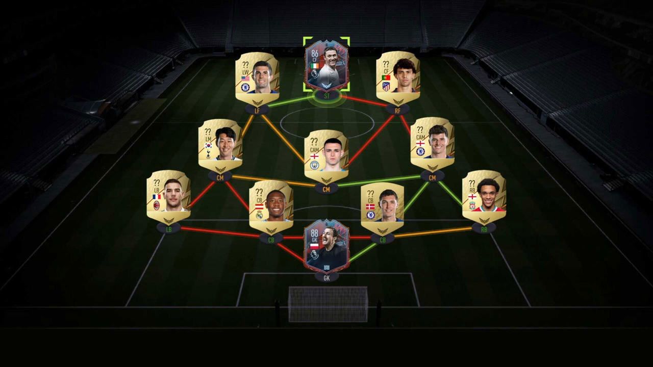Onze ícone de jogadores de futebol conectados por linhas que indicam sua posição em campo