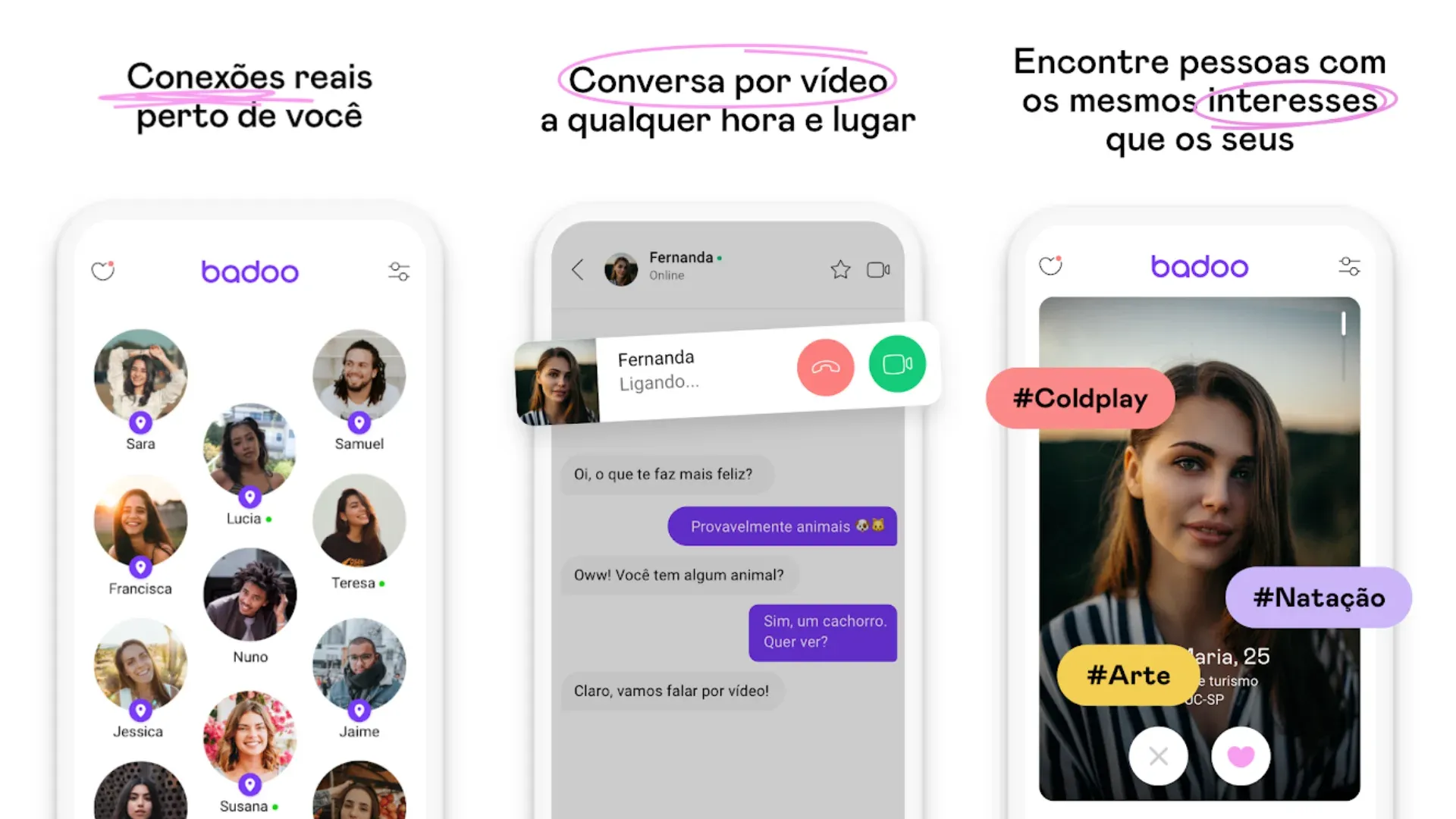 Três prints de tela mostrando a interface do app de namoro Badoo