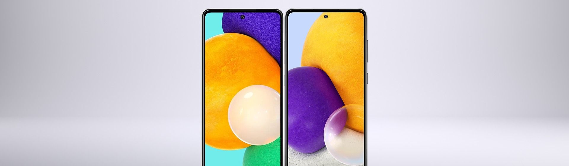 Celular A52 e A72, um ao lado do outro, exibindo parte frontal