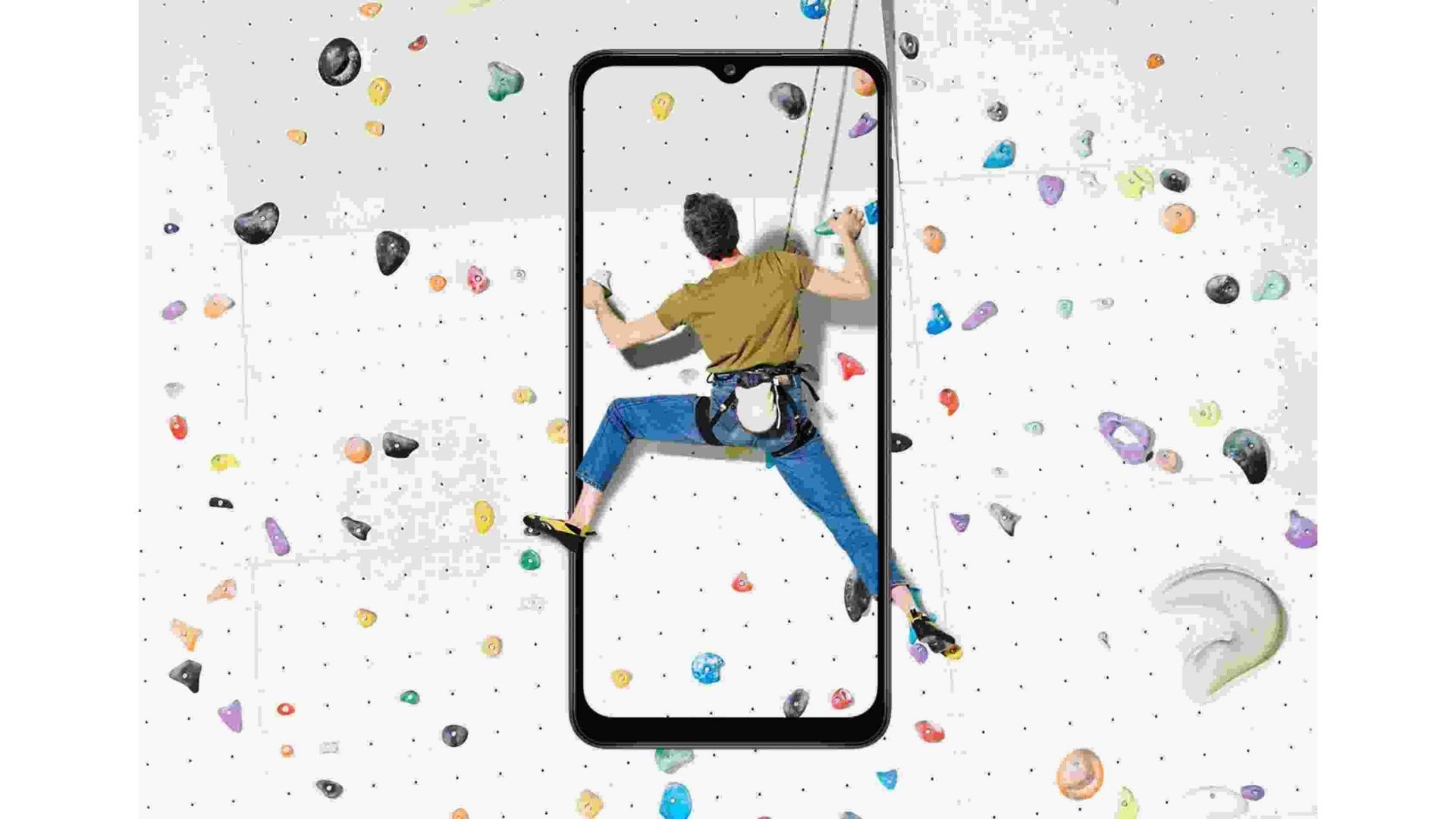 Arte que simula uma pessoa em escalada saindo de dentro de um Galaxy A12