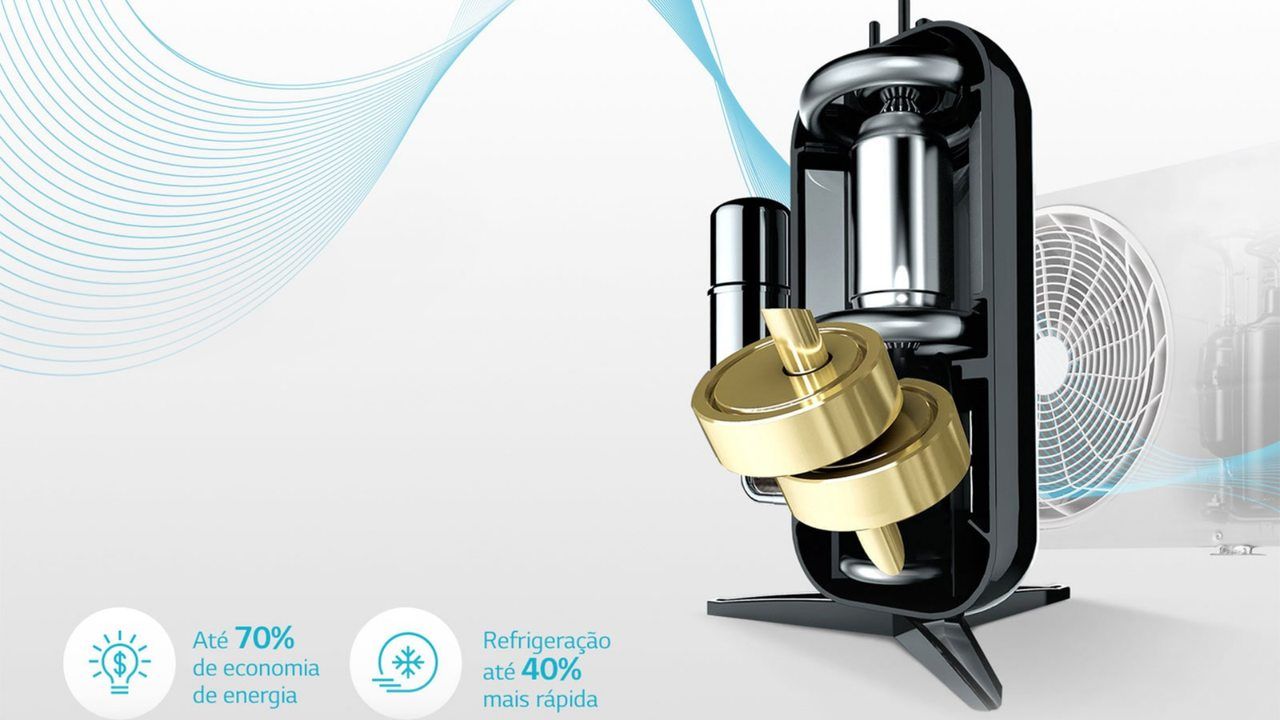 Compressor Dual Inverter em fundo cinza com os escritos "Até 70% de economia de energia" e "Refrigeração até 40% mais rápida" ao lado