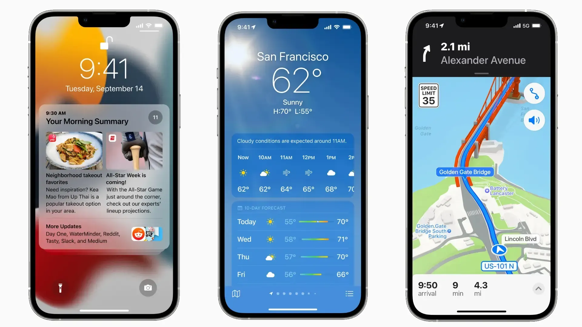 Três iPhones 13 com a tela mostrando recursos do iOS 15