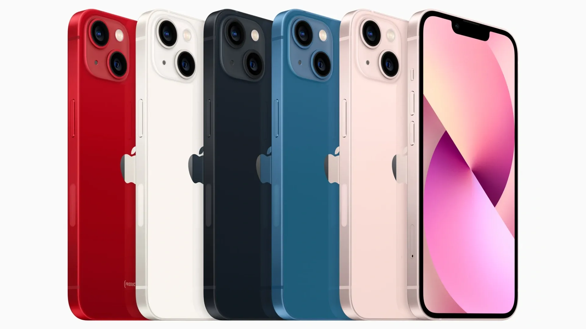 Cinco modelos de iPhone 13 em pé nas cores vermelha, branco, preto, azul e rosa