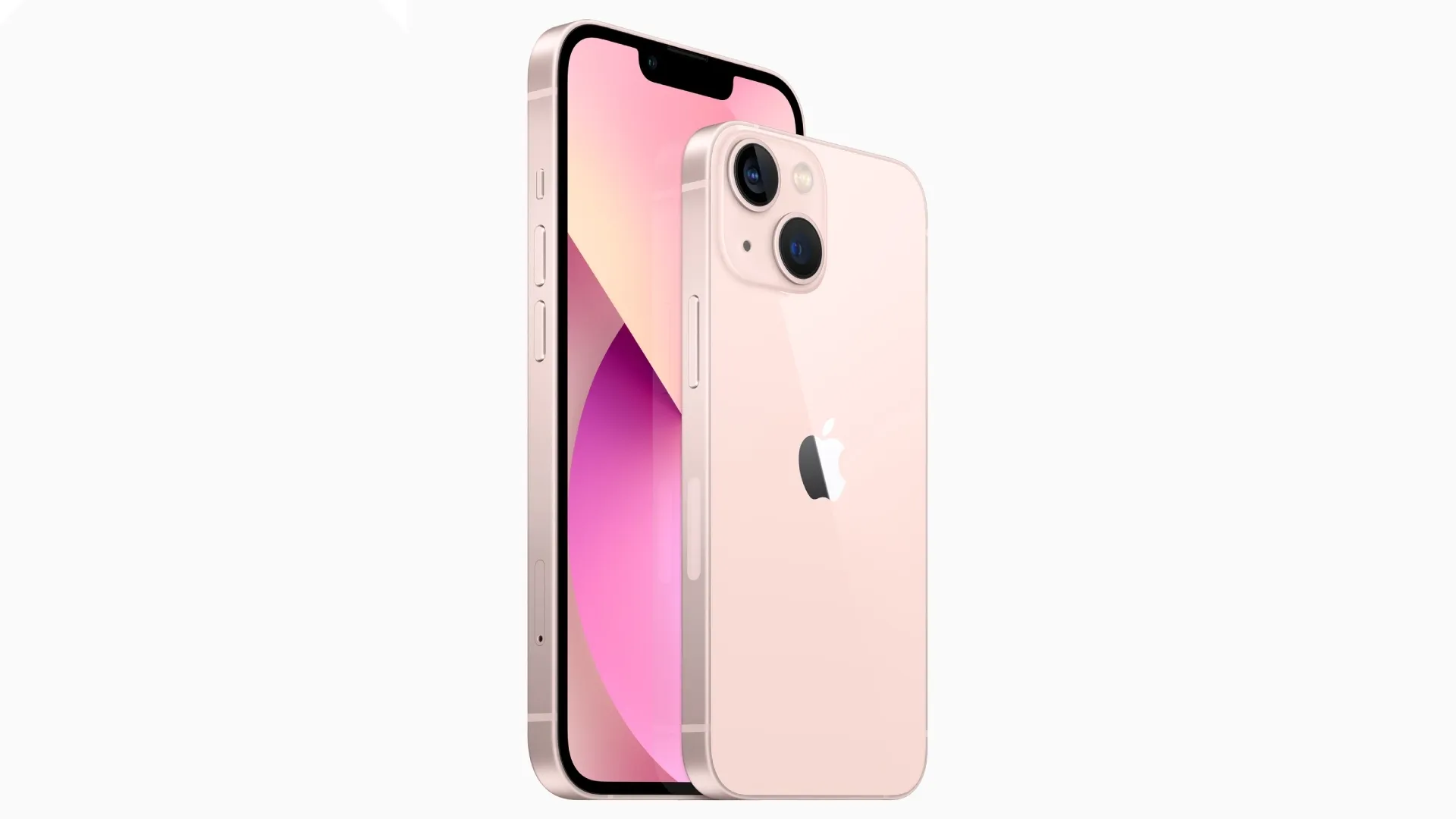 iPhone 13 com a tela acesa, perto de um iPhone 13 Mini rosa, mostrando a traseira