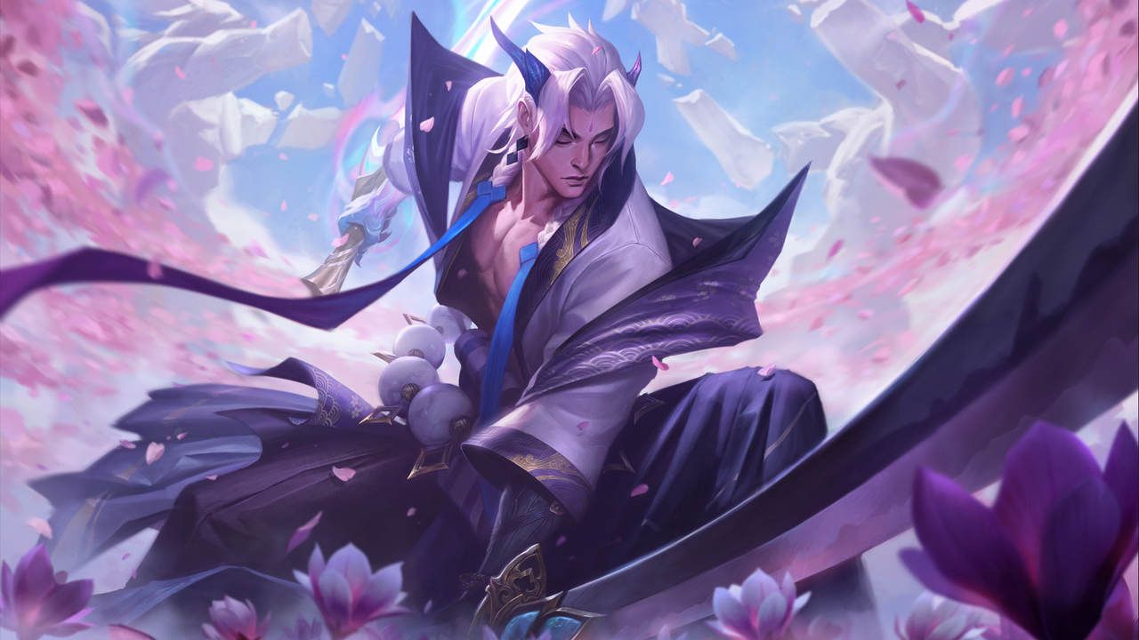 LoL skin Yone em Florescer Espiritual segurando sua lança
