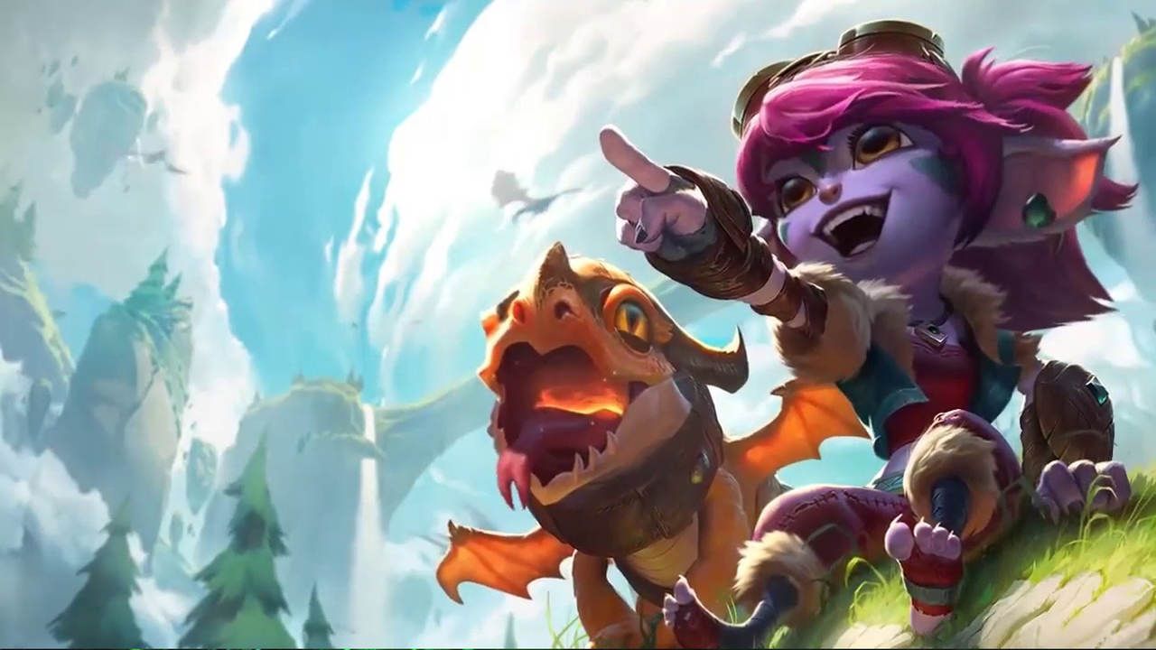 LoL Skin Tristana sentada ao lado de seu dragão