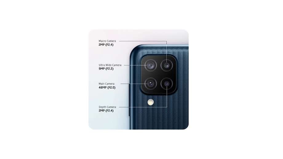 Traseira do Galaxy M12 com as especificações de câmera