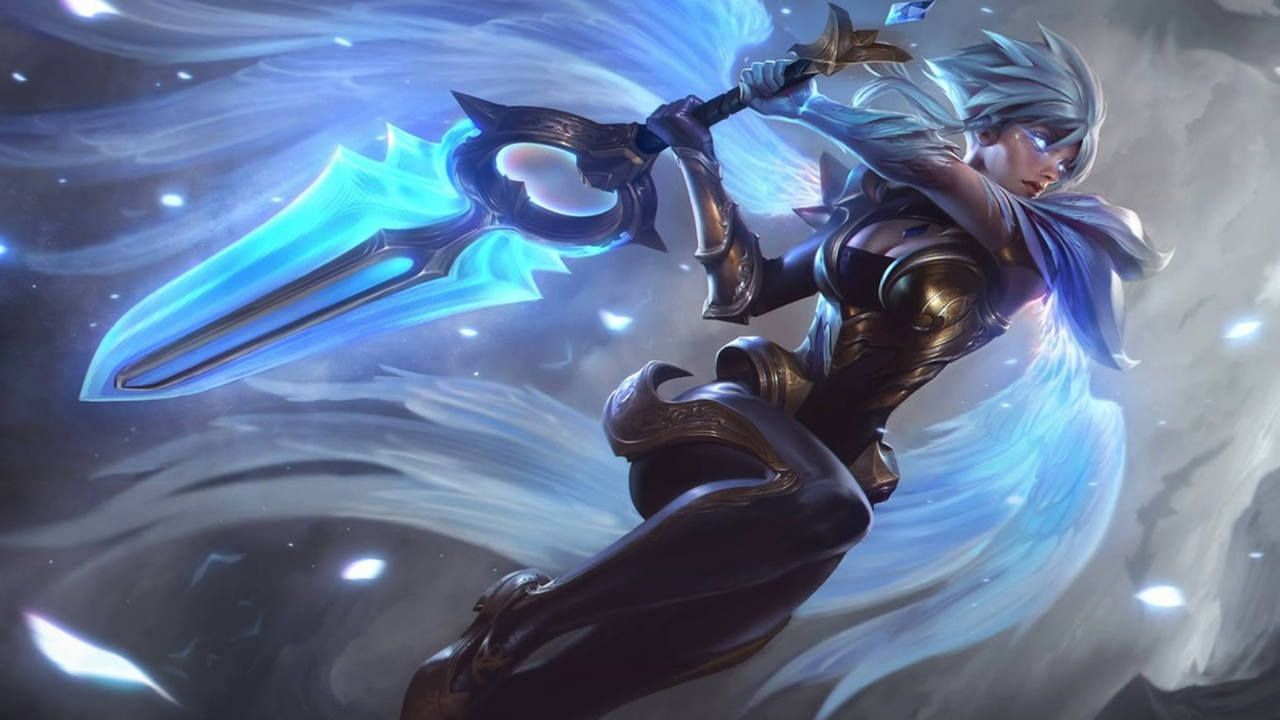 LoL skin Riden empunhando sua espada como emissária da luz