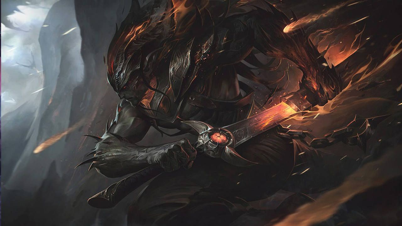 LoL skin Yasuo Emissário da Escuridão com sua espada