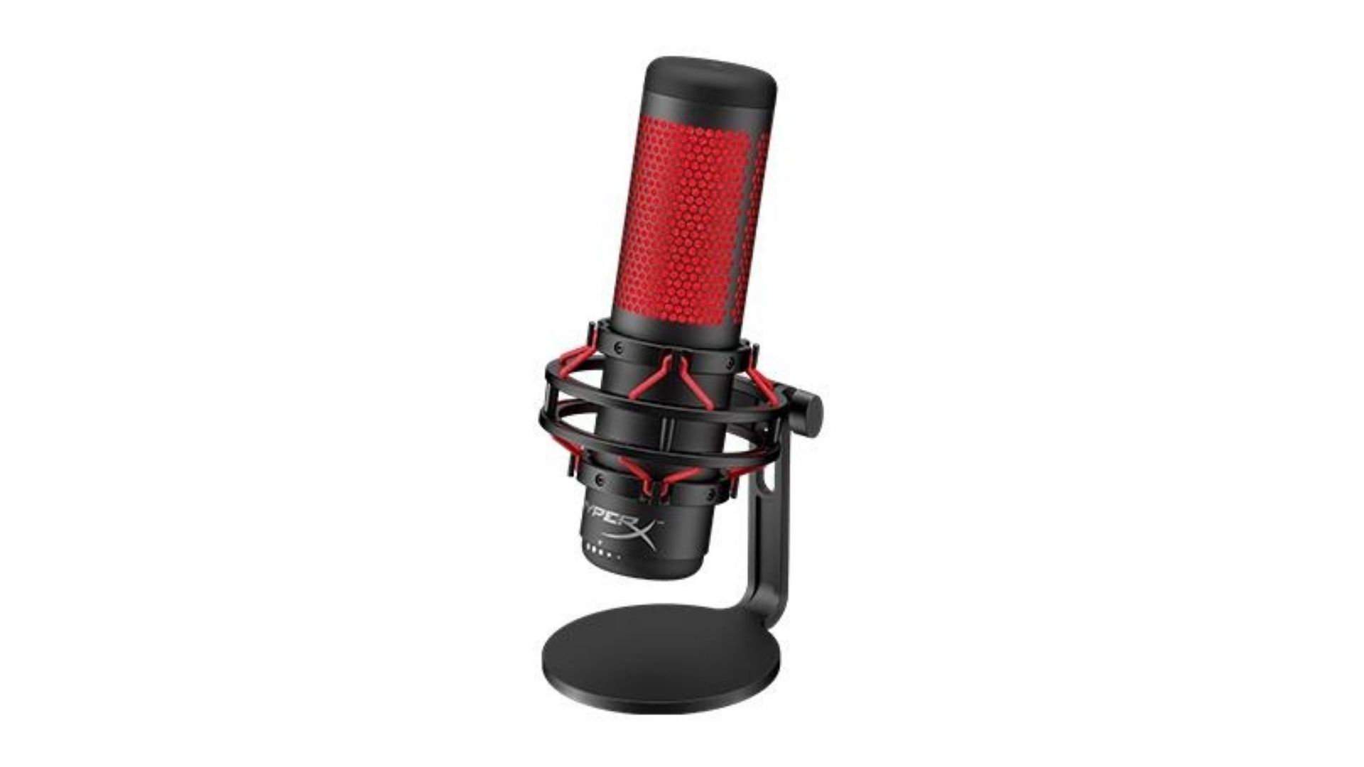 Microfone Gamer HyperX QuadCast preto com detalhes em vermelho no fundo branco