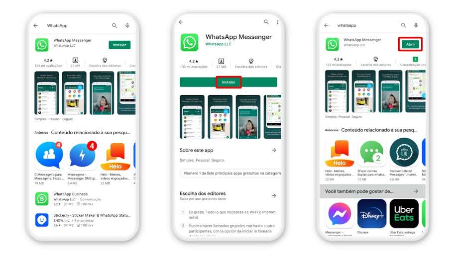 Prints de celular ensinando a baixar WhatsApp no Android