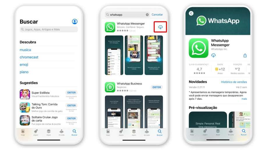 Prints de celular ensinando a baixar WhatsApp no iPhone