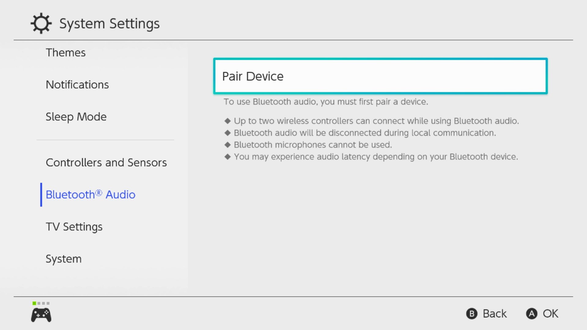 Tela do Nintendo Switch para selecionar o fone Bluetooth