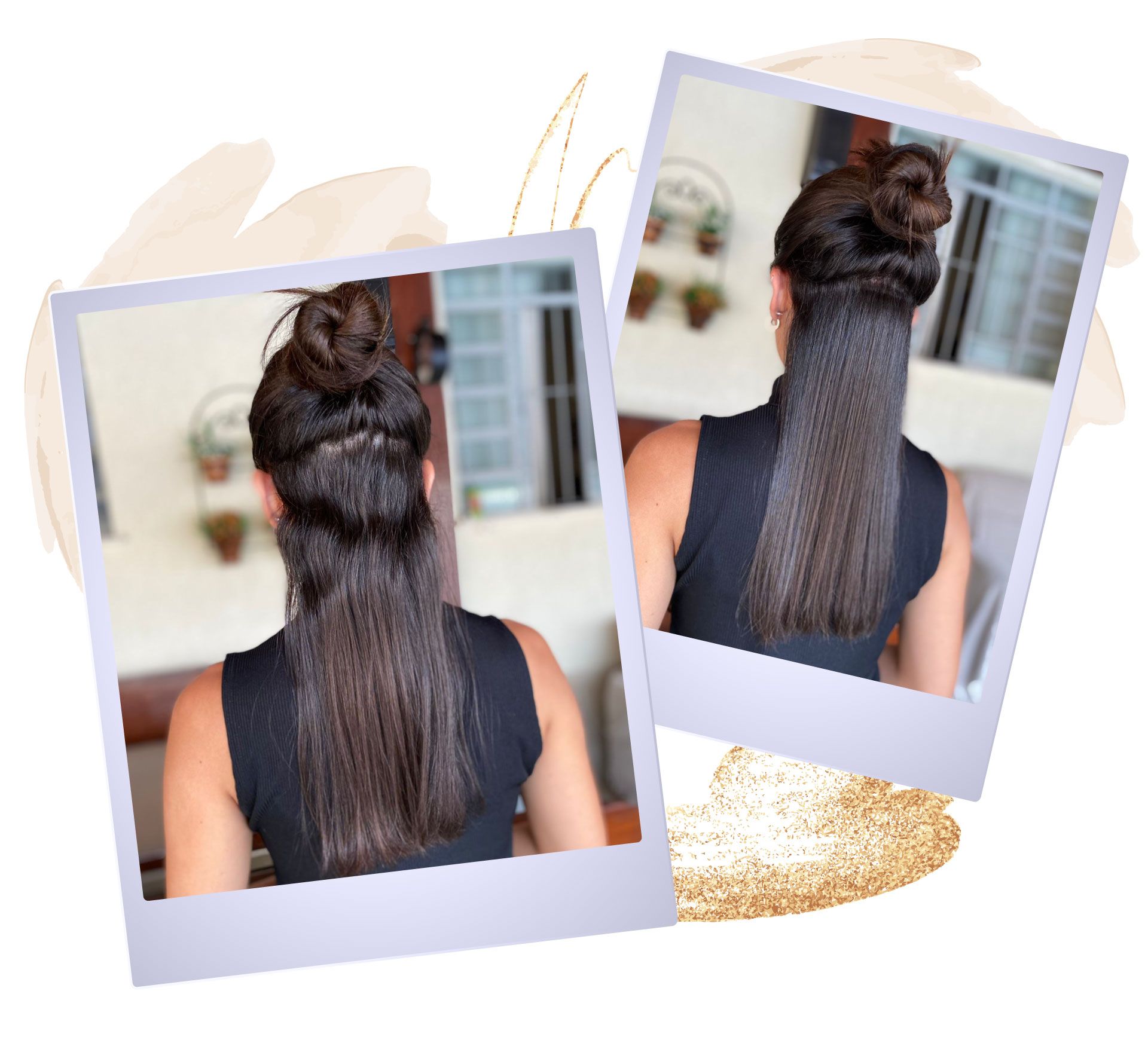Duas fotos de mulher de costas, uma com cabelo ondulado e outra com cabelo liso
