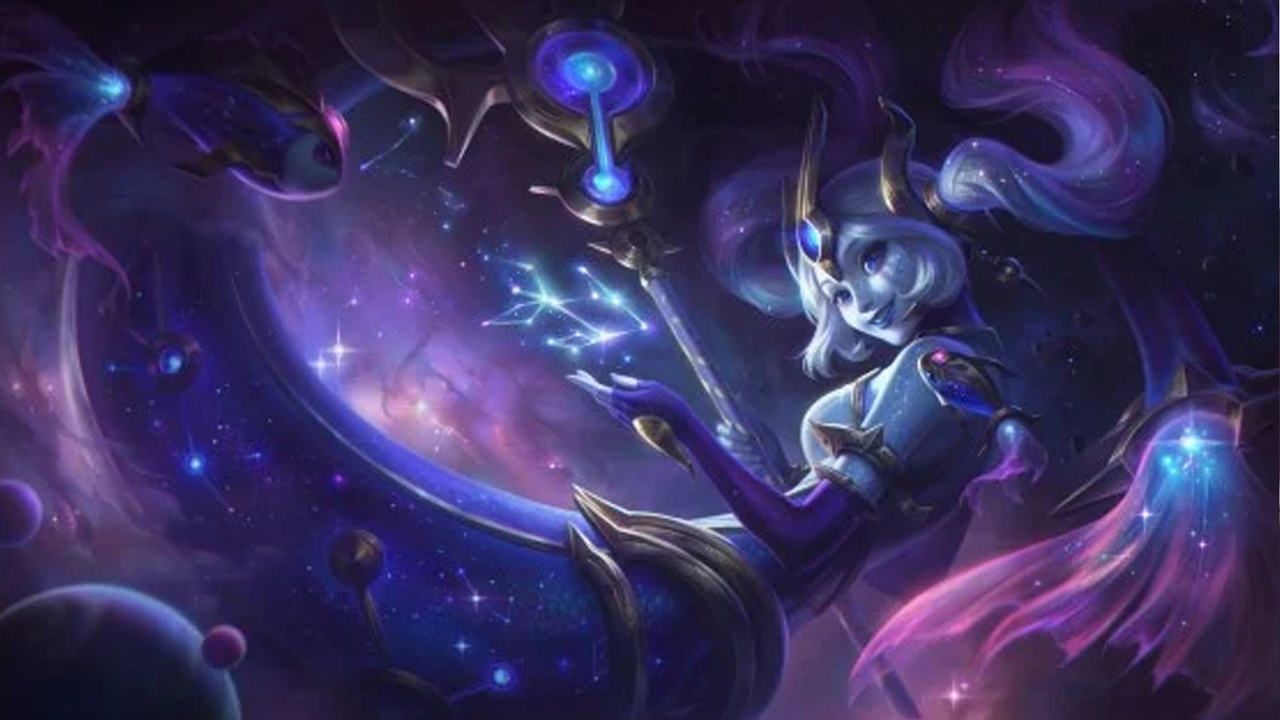 LoL skin Nami destino cósmico nas águas segurando sua arma