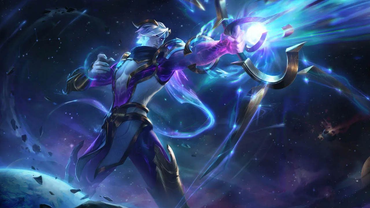 LoL skin de Varus Caçador Cósmico com seu arco e flecha