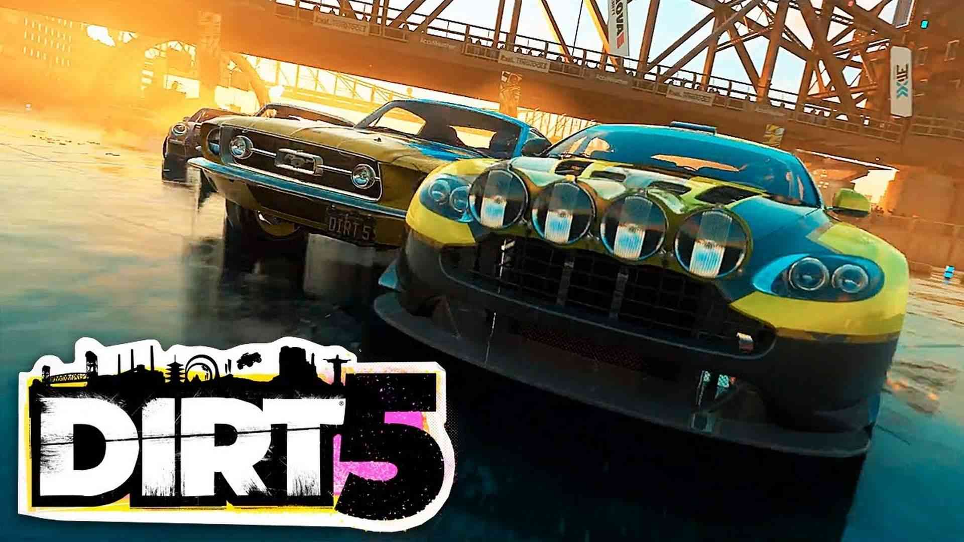 Ilustração do jogo Dirt 5 mostrando dois carros de corrida