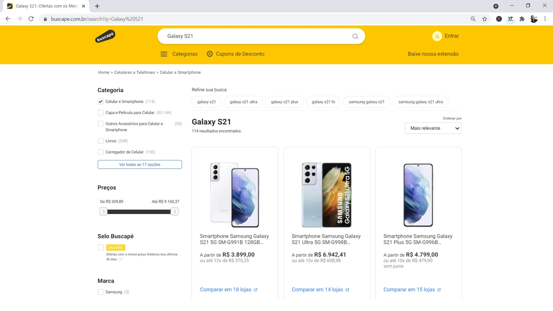 Página do site Buscapé com resultados da busca por Galaxy S21