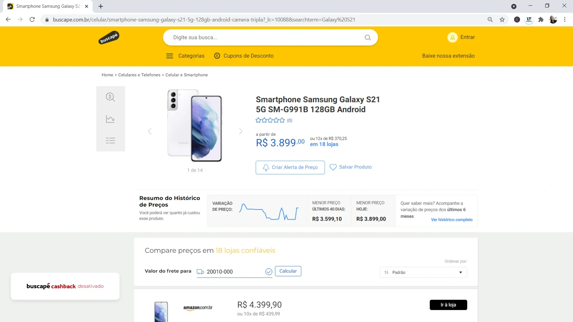 Página do celular Galaxy S21 no site Buscapé