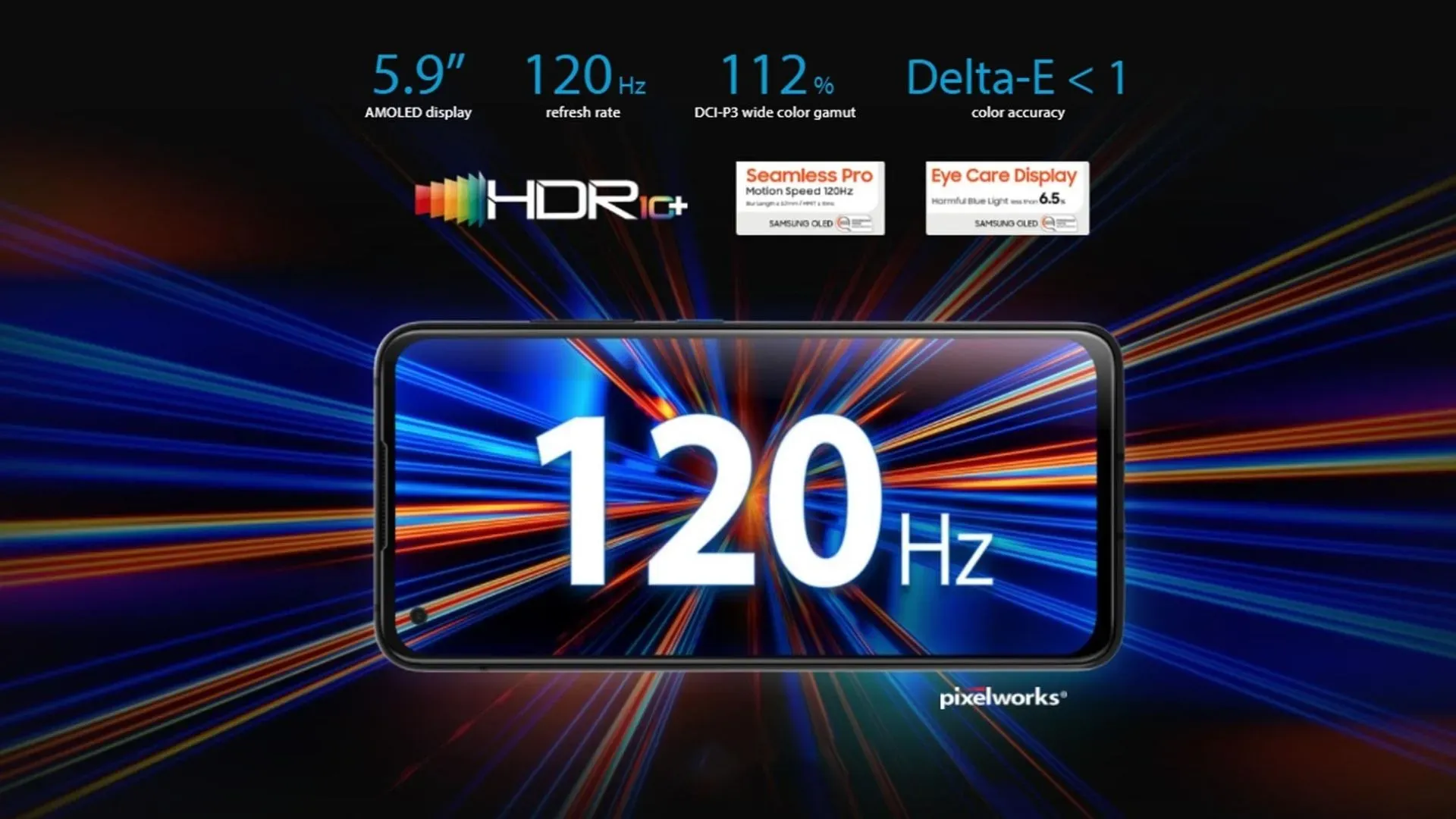  Montagem com raios coloridos no fundo que mostra a tela do Zenfone 8 e dizeres 120Hz no display